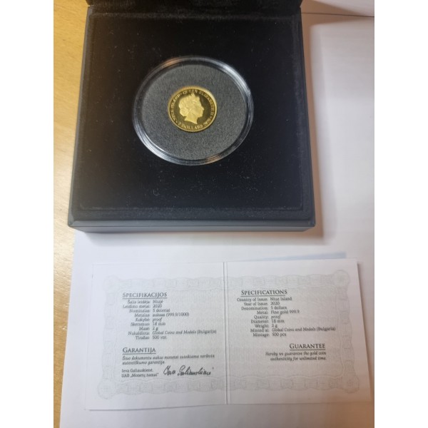 5 Dolerių auksinė moneta karalienė Elžbieta 2020m